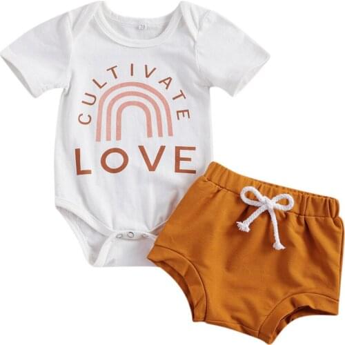 2021 0-18M Newborn Baby Girl Boy Clothing Cute Striped Rainbow Letter Print Short Sleeve Romper+Triangle Shorts Summer 2pcs Set