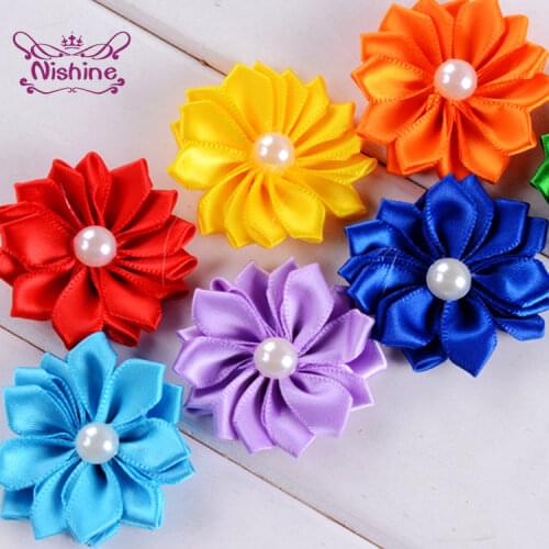 Nishine 1.6" 10pcs/lot 16 Petaled Rosette Satin Ribbon Flowers with Pearl Button Used for Diy Headband Clips Hair Accessories