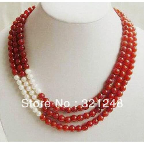 Free shipping diy Wonderful 3 Rows 6mm Red jades chalcedony and White Pearl Necklace round beads jewelry making MY2325