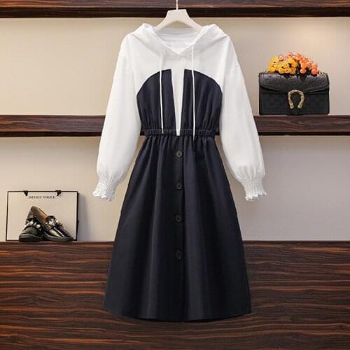 EHQAXIN Plus Size Womens Hooded Stitching Dresses Autumn Fashion New High Waist A-Shaped Button Mid-Length Dress Ladies L-4XL