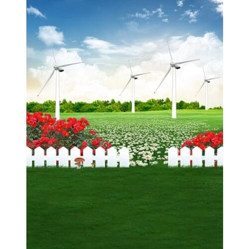Lawn Grass Flowers Windmill Photography Backdrops Photo Props Studio Background 5x7ft