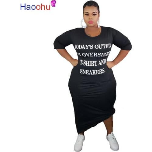 HAOOHU Plus Size XL-5XL Women Letter Print O-neck Autumn Maxi Dress Fashion Classic Lady Long Dresses Vestidos