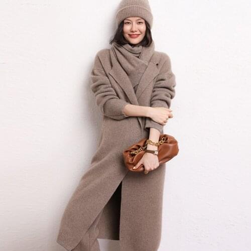 2021New 100% Cashmere Pure Color Knitted Cardigan Coat Slim Casual Womens Clothing