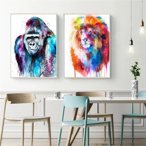 Graffiti Art Watercolor Lion and Orangutan Paintings on Canvas Posters and Prints Wall Art Animals Picture for Living Room Decor