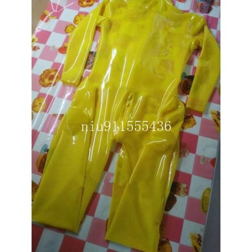 Handmade Latex Catsuit Male Rubber Bodysuit Yellow Color with Back Zipper Through Crotch with Socks Men Cosplay Costume