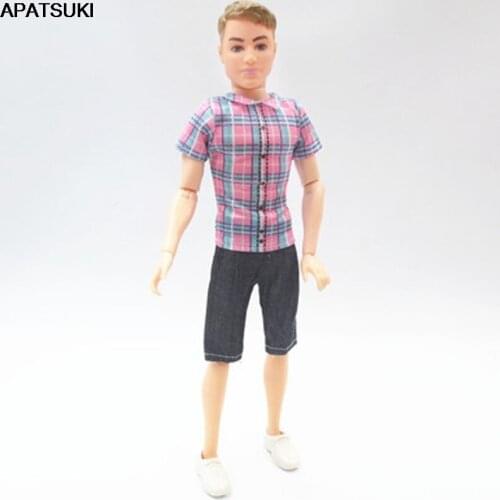 Fashion Doll Clothes For Ken Doll Outfits Plaid Top T-shirt & Jeans Shorts For Barbies Boyfriend Ken 1/6 Boy Doll Kids DIY Toy