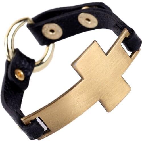 Fashion Punk Cross Black Leather Bracelet Alloy Charms Wrap Bangle Cuff Cristiano Wristbands Men Women Rock Gothic Jewelry Gift