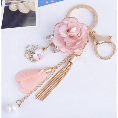 New Fashion Rose Flowers Keychain Cloth Flower Tassel Keychain Creative Pendant Beautiful Ornaments Jewelry