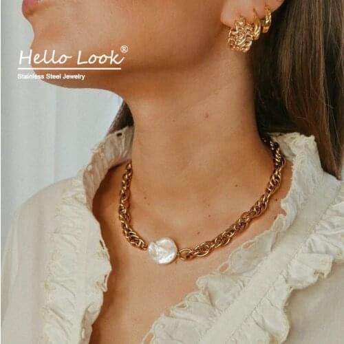 HelloLook Baroque Freshwater Pearl Necklace for Women Stainless Steel Punk Thick Miami Cuban Rope Chain Necklace