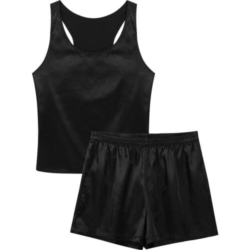 Mens Male Satin Pajamas Nightwear Sleepwear Sleeveless Tank Top Shorts Sleepwear Nightclothes Summer Nightgown Loungewear