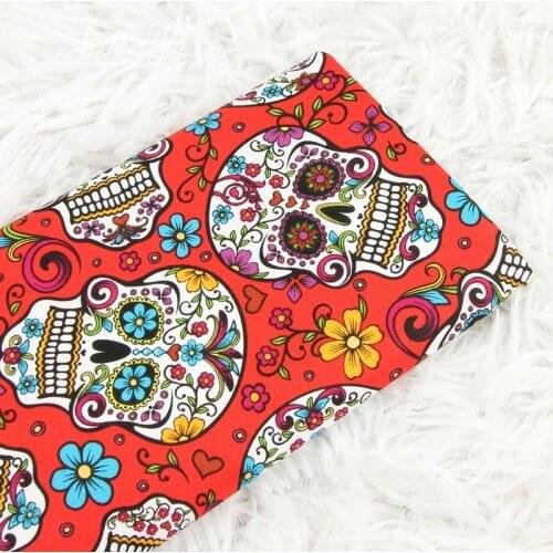 Half Meter Plain Cotton Fabric Red Bottom With Skull Print, Handmade DIY Garment Dress Cloth 100% Cotton CR-537
