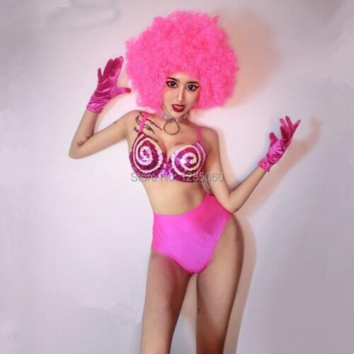 Festival Party stage Female costumes Nightclub Bar singer Teams dancing performance Suits Red Rose sequins Bra sexy stage wears