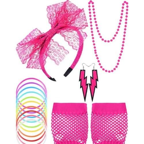 80s Party Favors Props Lace Headband Earrings Fishnet Gloves Necklace Bracelets set Fancy Dress Cosplay Supplies