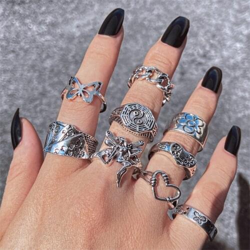 Punk Ring Set 9Pcs Gossip TaiChi Women Vintage Spades Ace Silver Butterfly Flower Fairy heart Daisy Charm Rings Finger Jewelry
