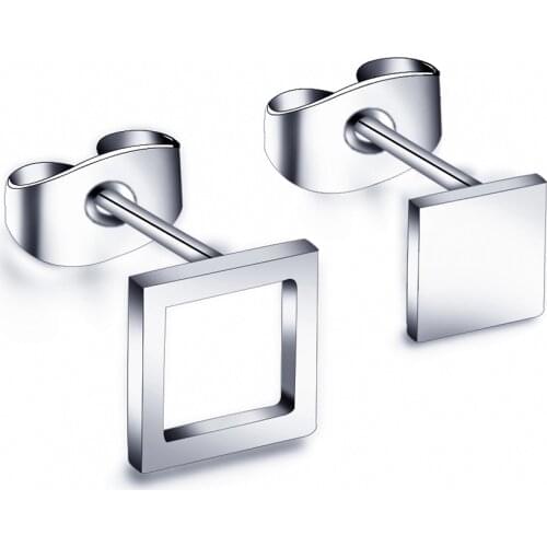 Simple Unique Design Tiny Hollow Square Geometric Stainless Steel Stud Earrings For Women Men Black Asymmetry Piercing Brincos