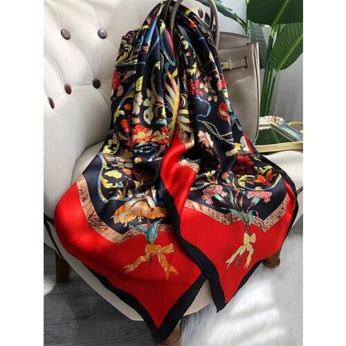 100% Natural Silk Scarf Square Large Size Luxury Brand Real Silk Scarf Ladies Natural Flower Printed Fashion Scarf 110 cm