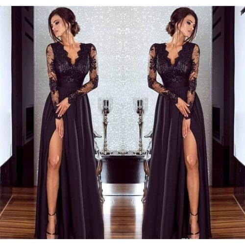 Sexy Black Evening Dress Deep V Neck Side Split Long Sleeve Formal Lace Graduation Party Gown Custom Made Chiffon