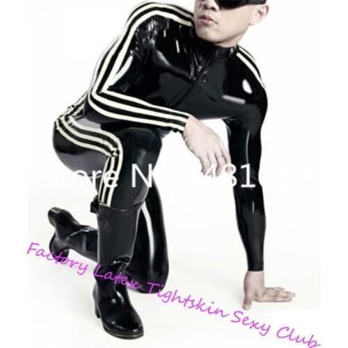 Sexy Black Latex Man Bodysuits With White Strips Rubber Catsuit no Socks Unique Club Wear bodysuit sexy Front Zipper