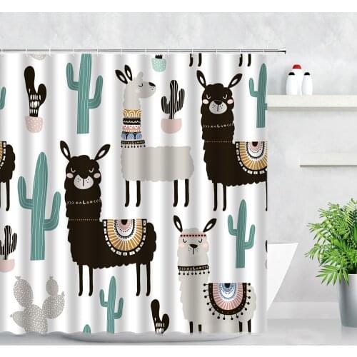 Funny Alpaca Cactus Pattern Bath Waterproof Shower Curtain Set Polyester Cartoon Printing Curtain for Bathroom Home Decor Screen