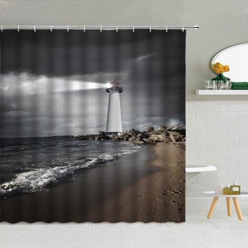 Navy Lighthouse Shower Curtain Sea Night Natural Landscape Old World Map Bathroom Decor Waterproof Fabric Curtains With Hook Set