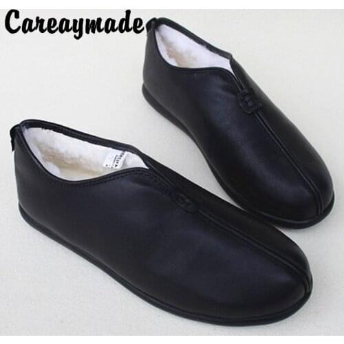 Careaymade-Winter handmade head layer leather shoes,sheepskin wool one warm non slip flat with leather casual shoes retro shoes