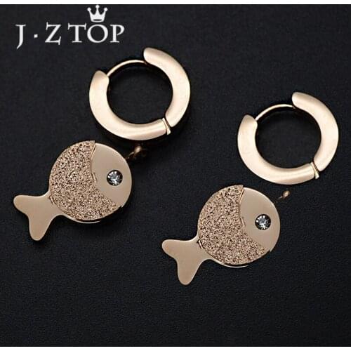 JZTOP Cute Fish Stainless Steel Hoop Earring Woman Simple Rose Gold Color Wedding Earring Female Jewelry Boucle D'oreille Gifts