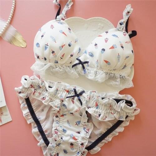 Lolita Underwear Girl Kawaii Lingerie for Women Bra and Panty Set Red Blue Cute Wire Free Ruffles Lace Bra Briefs Panties 2021