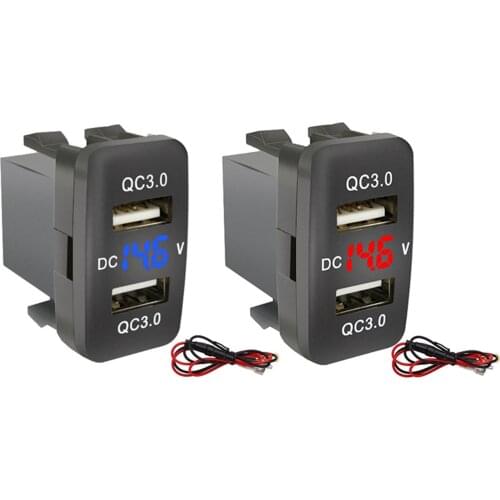 2Set Car Dual USB3.0 Fast Charge with Display Voltmeter Voltage Car Charger for Toyota, Green & Red