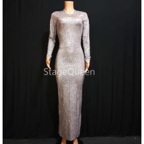 2019 Women Sexy Rhinestone Long Sleeves Sparkly Dress Sexy Stage Outfit Birthday Party Celebrate Women Dance Dress Dance Outfit