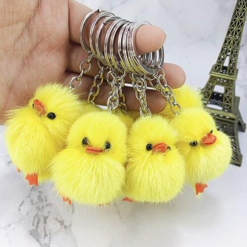 5pc 2020 Cute Pompom Keychain Real Fur Mink Fur Yellow Duck Car Key Pendant Animal Children Toy Gifts for Women Bag Pendant