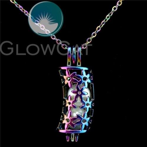 C212 Rainbow Color Flower Tube Beads Cage Essential Oil Diffuser Aroma Stone Pearl Cage Locket Necklace Kids Girl Gift