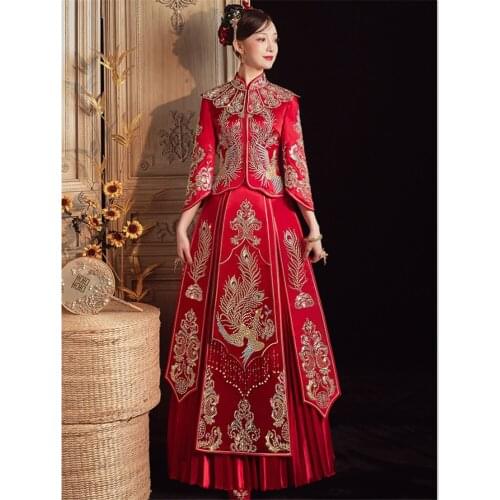 Phoenix Embroidery Tassle Cheongsam Chinese Traditional Couple Wedding Suit Elegant Bride Qipao Dress китайская одежда