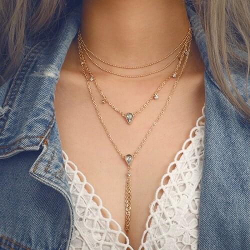 Multilayer Necklace Fashion Womens Jewelry Simple Geometric Beads Imitation Diamond Drop-shaped Tassel Sweater Necklace