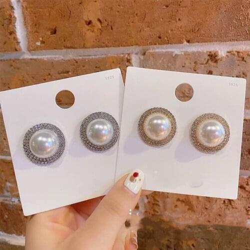 Fashion Gold&Silver Color Round Imitation Pearl Stud Earrings for Woman Luxury Crystal Earrings Female Earrings for Women
