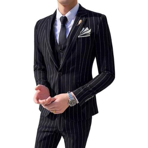 Mens Casual Business Stripe 1 Button 3-Piece Suit Blazer Jacket Wedding Tux Vest Trousers