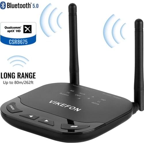 VIKEFON 80m Bluetooth 5.0 Transmitter Receiver 3 in 1 Wireless Audio Adapter for TV PC,aptX HD & apt-X LL,Optical RCA AUX 3.5mm