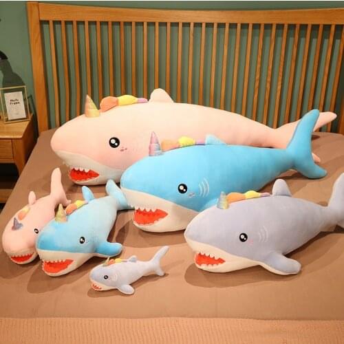 New Hot Giant Colorful Unicorn Shark Plush Toy Stuffed Narwhale Doll Soft Fish Blue Pink With Horn Sleeping Pillow Kawaii Gift