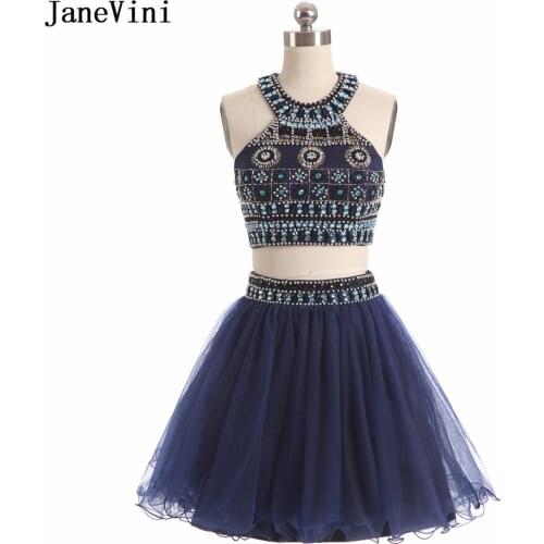 JaneVini Luxury Short Two Piece Homecoming Dresses Halter Sleeveless Beaded Mini Tulle Formal Dress Vestido Graduacion Plus Size