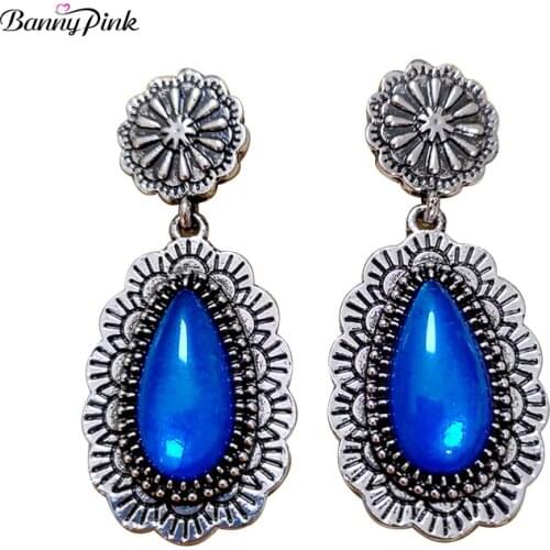 Banny Pink Vintage Waterdrop Stone Earrings For Women Tibetan Flower Carved Statement Earrings Gypsy Metal Earrings Brincos