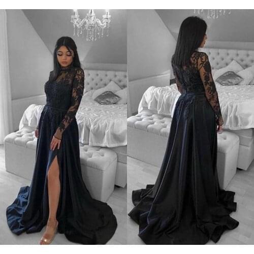Vintage Lace Black Evening Dresses Full Sleeves Appliqued Arabic Dubai Prom Party Gowns Sexy Split Formal Robes De Soriee 2020