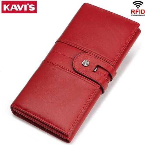 KAVIS Genuine Leather Large Capacity Ladies Wallet Rfid Long Clutch Portomonee Ladies Wallet Portable Money Bag Girl Coin Purse