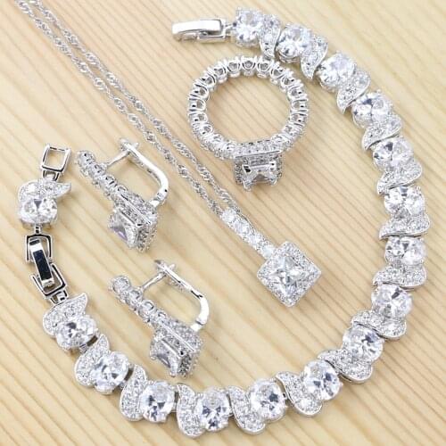 925 Sterling Silver Jewelry White Crystal Jewelry Sets For Women Wedding Bracelets/Necklace/Pendant/Earrings/Ring