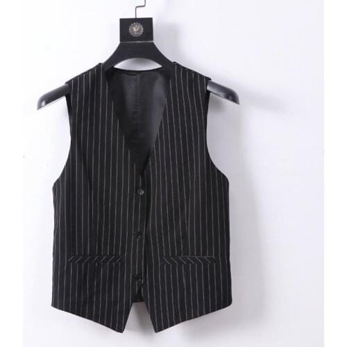 #0775 Spring Summer Black Grey Vertrical Striped Sleeveless Blazer Women V Neck Office Vest Waitcoat Femme Slim Thin Short Vest