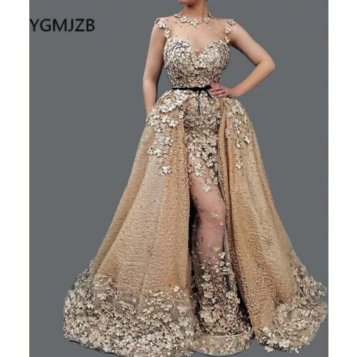 Long Mermaid Evening Dresses 2020 Saudi Arabic Women O-Neck Detachable Train Flowers Beads Champagne Formal Prom Party Gowns