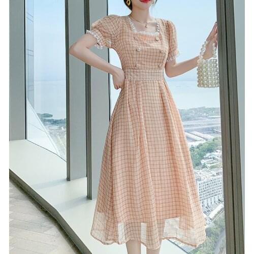 French Style Sweet Cute Puff Sleeve Woman Dress 2021 Summer New High Waist Silm Plaid Robe Female Temperament Dresses for Women