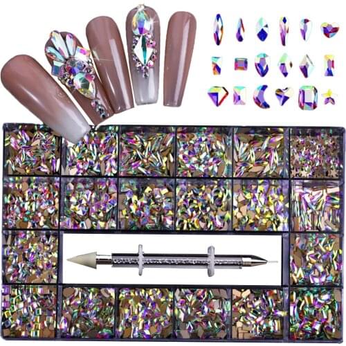 1 Box Mixed Nail Art Rhinestones Glitters Gems Diamonds Beads w/Wax Pen Dotting Pen Flatback Strass Charms Nail Decorations
