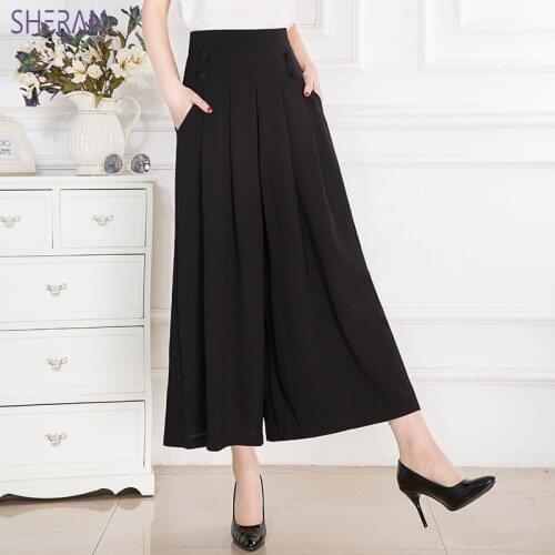 2020 Summer Elegant Women Trousers Casual Loose Chiffon Calf- Length Pleated Skirt Pants Black Wide Leg Ladies Pants Plus Size