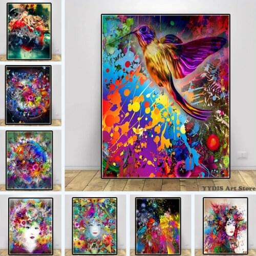 Abstract Bird Animals Poster Oil Painting Colorful Women Head Street Art Canvas Painting Picture Modern Living Home Room Decor