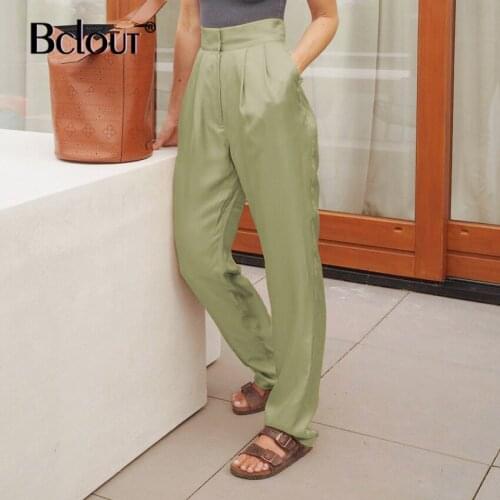 Bclout Satin Green High Waist Pencil Pants For Women Fashion Casual Zipper Trouser Female Autumn Solid Long Picket Pants 2021