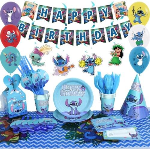 Disney Baby Lilo & Stitch Party Supplies Decorations Kids Birthday Disposable Blue Tableware Cups Plates Party Favors Decor Set